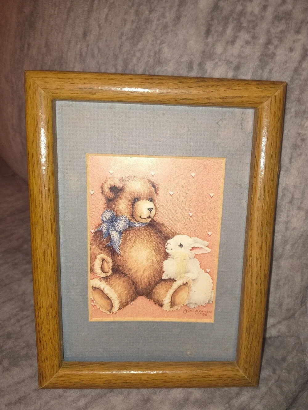 Teddy Bear & Bunny Framed Wall Art - Peach and Blue 5x7